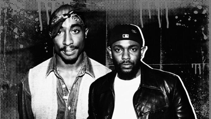 Artwork featuring Tupac Shakur (2Pac) and Kendrick Lamar. Image credit: Merle Cooper/Getty Images.