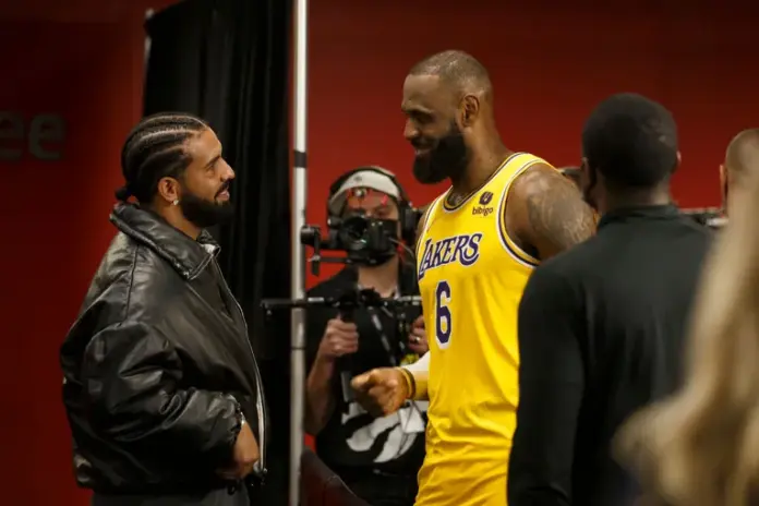 Toronto, ON – March 18, 2022: Drake and LeBron James (#6 of the Los Angeles Lakers) were seen talking courtside following an NBA game between the Toronto Raptors and the Los Angeles Lakers at Scotiabank Arena. The moment occurred during an exciting evening of basketball in Toronto, where two of the biggest names in sports and entertainment shared a conversation after the game.