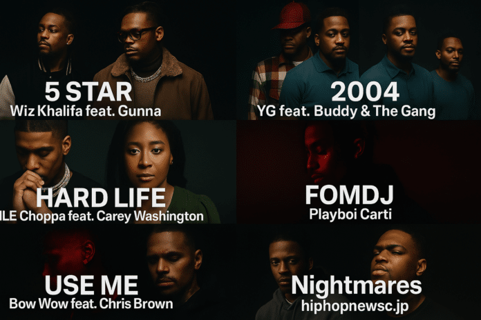 2025年3月第4週にリリースされた注目のHIPHOP楽曲TOP7を紹介する横長のプロモーショングラフィック。Wiz Khalifa、Gunna、Playboi Carti、YG、NLE Choppa、Mozzy、Fredo Bangなど人気アーティストのアートワークや名前が黒を基調とした背景に配置され、HIPHOPCs.jpのブランドクレジットが含まれている