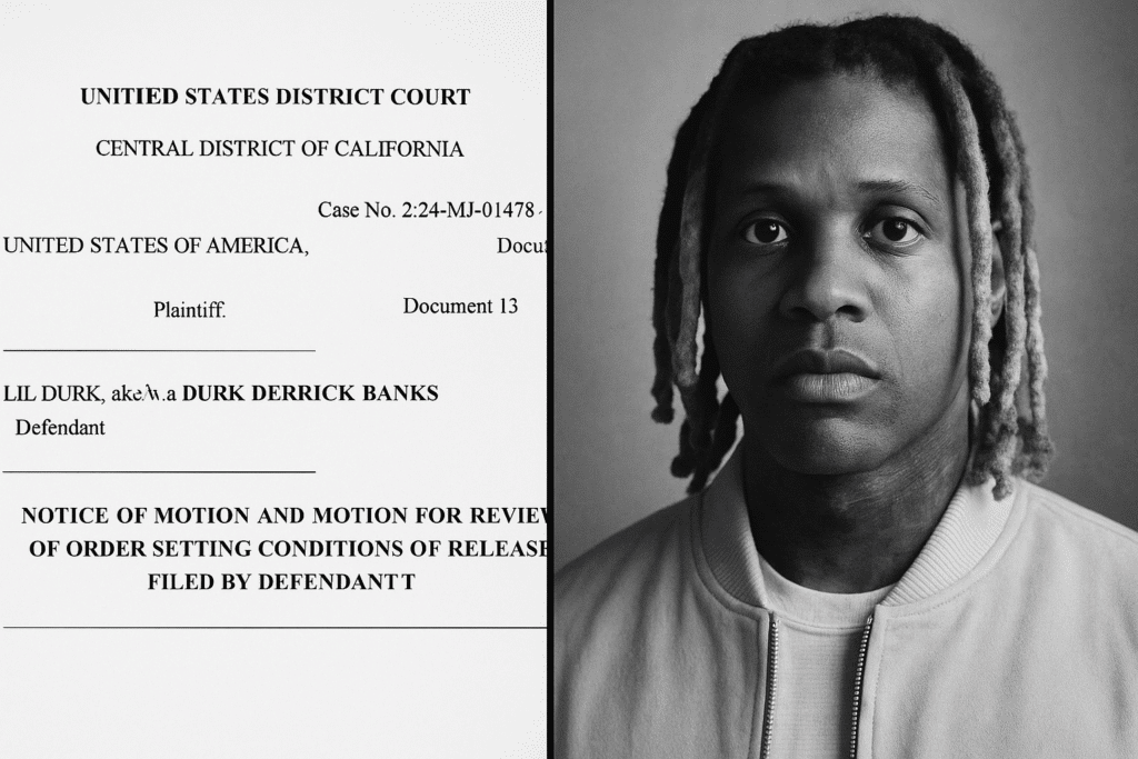 Lil Durkの連邦裁判をテーマにしたAI生成イメージ。保釈申請書と本人を模したモノクロ肖像が対比的に描かれている。