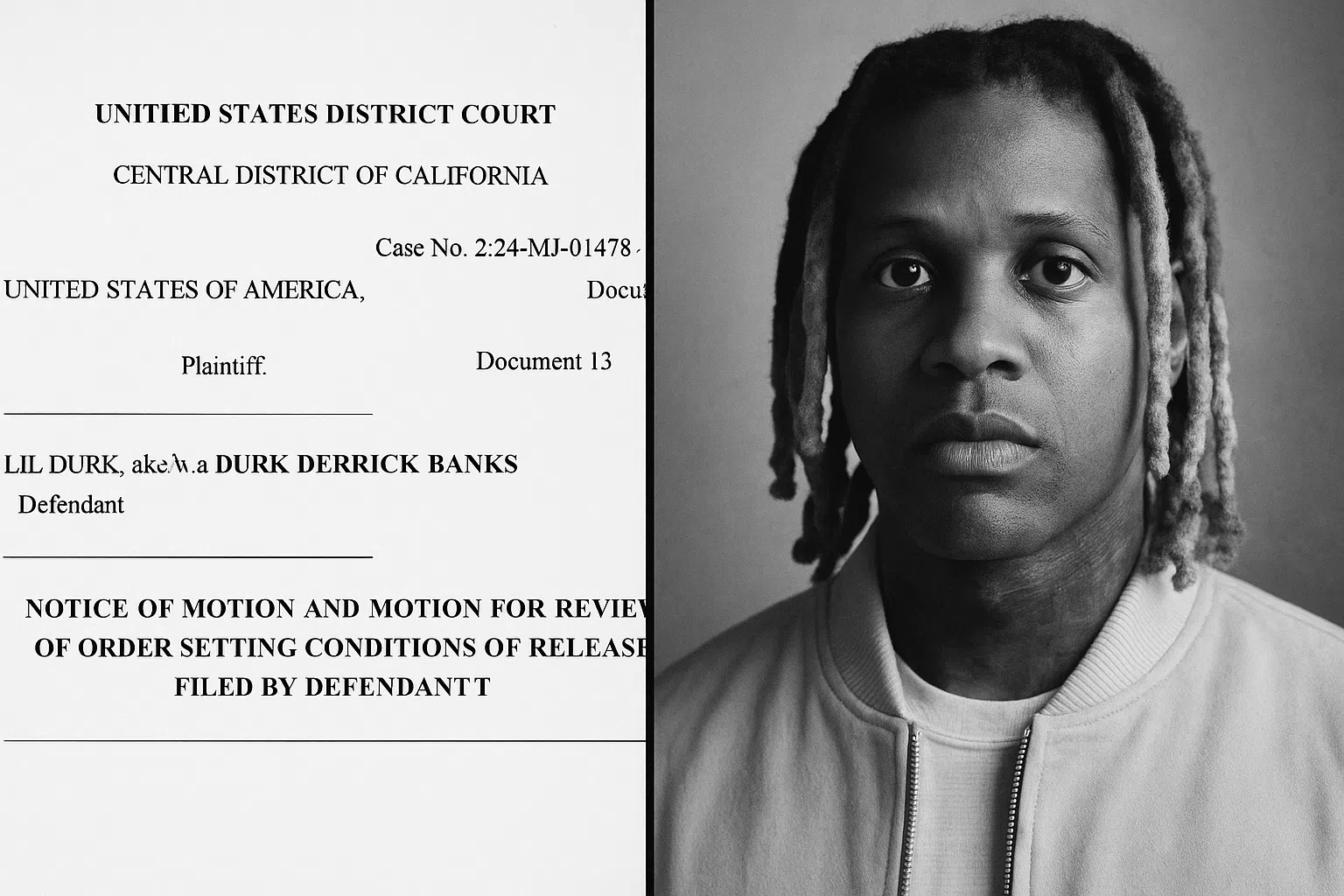 Lil Durk、保釈金2億円超の条件提出、連邦殺人教唆事件の審理が進行中―イスラムを通じて受刑者とつながる。 Lil Durkの連邦裁判をテーマにしたAI生成イメージ。保釈申請書と本人を模したモノクロ肖像が対比的に描かれている。