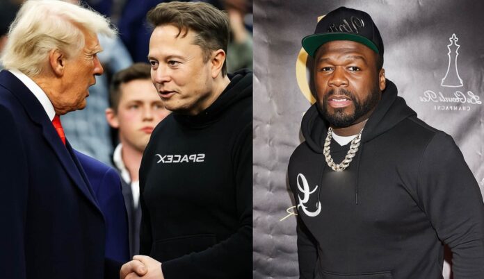 50 Centが登場するイベント写真と、イーロン・マスクがドナルド・トランプと握手しているシーンの対比を示す構成。セレブの政治的立場と対立構造を象徴する合成イメージ