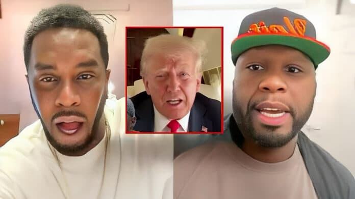50 Centがドナルド・トランプ大統領に対し、ディディへの恩赦を思いとどまるよう訴えているイメージ。政治とヒップホップが交差する場面。