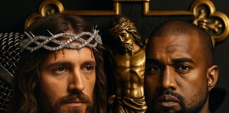 日本では理解が難しい、ヒップホップと神の関係 ”クリスチャンラップ”― カニエ、ケンドリック、ケヴィン・ゲイツの場合 ゴールドのマイクと十字架に磔にされたキリスト像が、鮮やかな赤い背景の前で並んで配置されている。マイクは力強さと自己表現の象徴として、キリスト像は信仰と犠牲の象徴として描かれ、ラップと宗教の対比と融合をビジュアルで表現している。