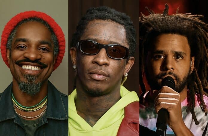 Young Thugの画像 Young Thug（ヤングサグ）のポートレート、ヒップホップアーティスト、ラッパー` André 3000の画像: `André 3000（アンドレ3000）のポートレート、伝説的ヒップホップアーティスト` J. Coleの画像: `J. Cole（Jコール）のライブパフォーマンス、人気ラッパー
