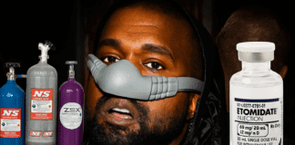 カニエウェストに新証言『お前は終わりだ』側近が告発―従業員の脳スキャン、日本でも問題の笑気ガス乱用 ニエ・ウェストが呼吸マスクを装着し、周囲に笑気ガスのボンベと薬瓶が配置されたイメージ。麻酔ドラッグ乱用問題と訴訟を象徴する構成。