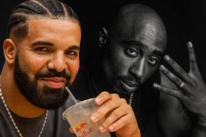 ステージでパフォーマンスするドレイクの写真。記事は、彼がデス・ロウ時代の2Pacのチェーンを購入したニュースとコラム特集。