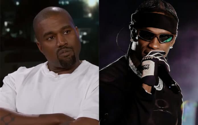 Ye（Kanye West）がトーク番組で話す様子。右：Travis Scottがサングラス姿でマイクを握りステージでパフォーマンスしている