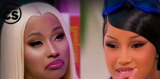 JT、ニッキーミナージュがカーディ・Bへの強烈ディス投下 2025年10月のJTとカーディBのディストラック騒動を表現したHIPHOP CSのソーシャルメディア投稿画像。元シティガールズのJT(左)とラッパーのカーディB(右)の対比写真に、ディストラック戦争のタイトルを重ねたデザイン。