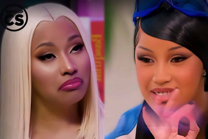2025年10月のJTとカーディBのディストラック騒動を表現したHIPHOP CSのソーシャルメディア投稿画像。元シティガールズのJT（左）とラッパーのカーディB（右）の対比写真に、ディストラック戦争のタイトルを重ねたデザイン。