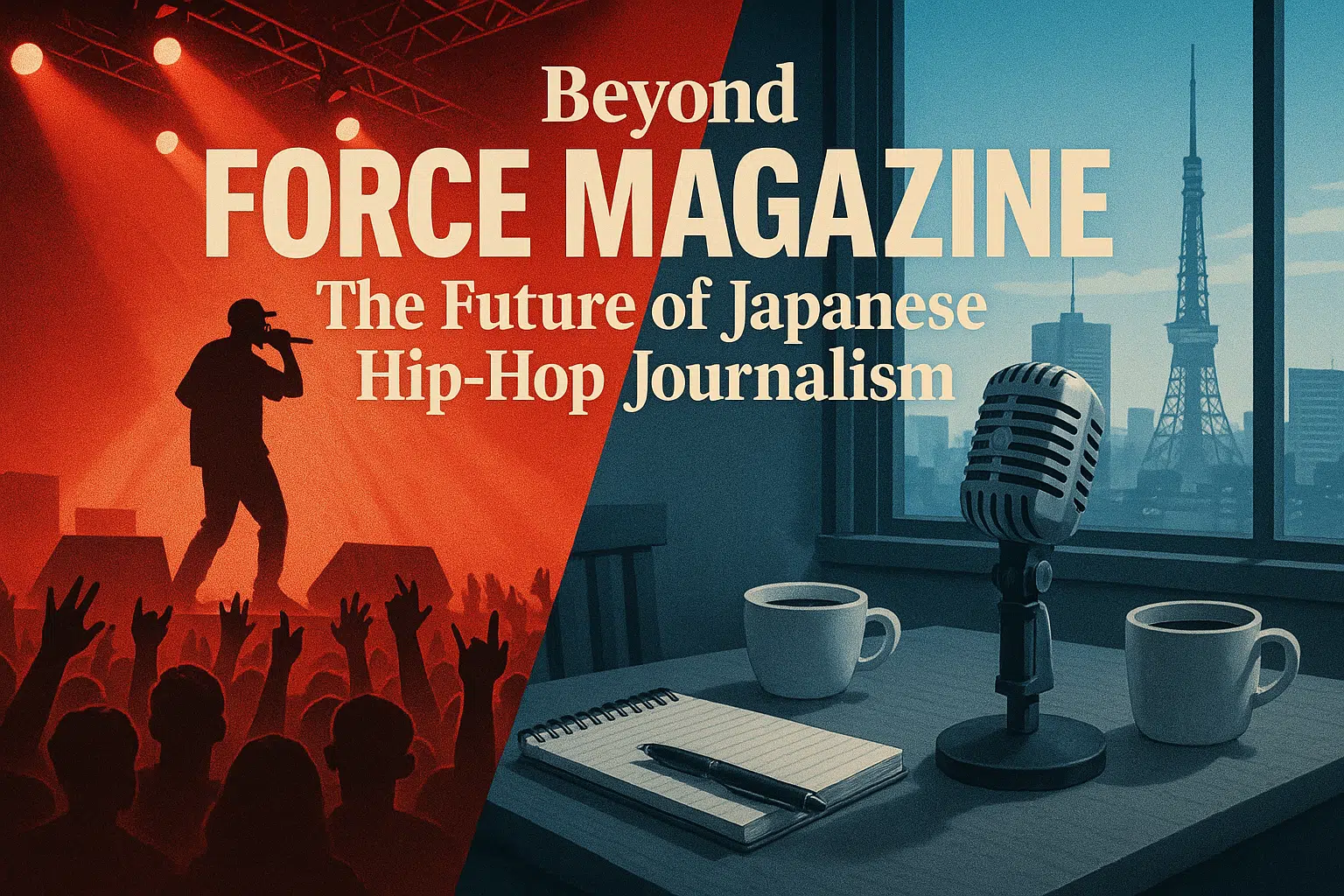 Beyond FORCE MAGAZINE: The Future of Japanese Hip-Hop Journalism Split-screen editorial illustration comparing FORCE MAGAZINE and HIPHOPCs journalism approaches. Left shows red concert stage with performer silhouette, right shows blue Tokyo cityscape with journalist workspace and vintage microphone
