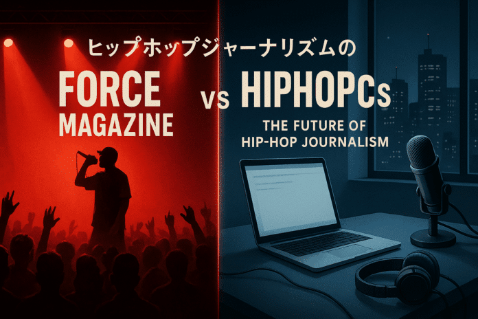 FORCE MAGAZINEとHIPHOPCsのヒップホップジャーナリズムアプローチの比較を示すイラスト。左側は赤いステージライトとパフォーマー、右側は青い都市夜景とジャーナリストのワークスペース