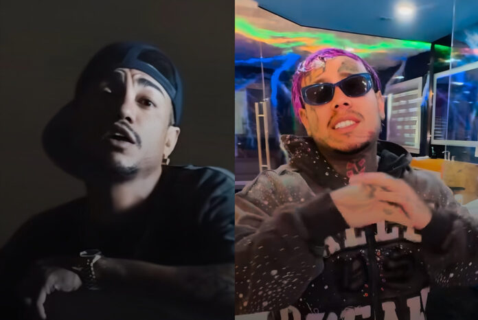 Tekashi 6ix9ineとRYKEYが対比的に描かれたビジュアル。炎上商法でバイラルを狙う6ix9ineと、自己破壊や炎上すら曲へ昇華しようとするRYKEYの違いを象徴する構図のイメージ。バイラル時代のヒップホップと炎上ビジネスについて解説するHIPHOPCsの特集記事用アイキャッチ画像である。