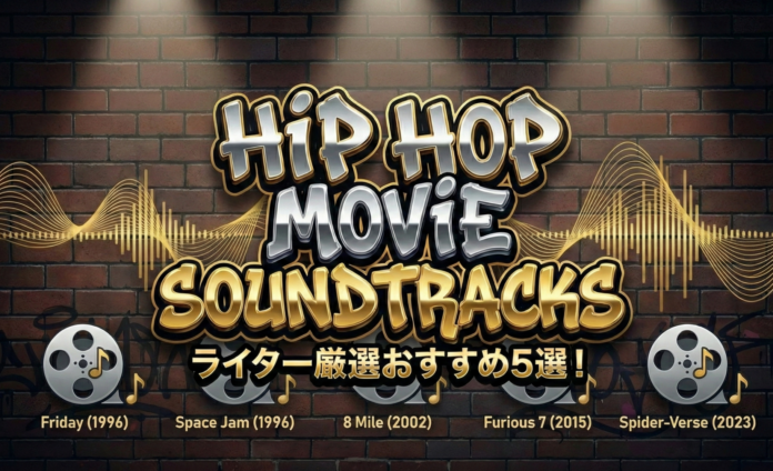 90年代から2020年代までのアイコンを並べた「ヒップホップ系サントラおすすめ5選」アイキャッチ画像