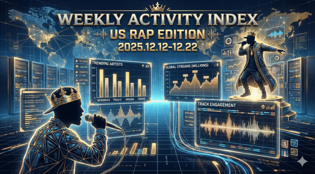2025年12月第3週USラップ週間アクティビティ指数Top15チャート（21 Savage／Travis Scott／Kendrick Lamarなど主要アーティストの動きを可視化したHIPHOPCs INTELLIGENCEのデータグラフ）