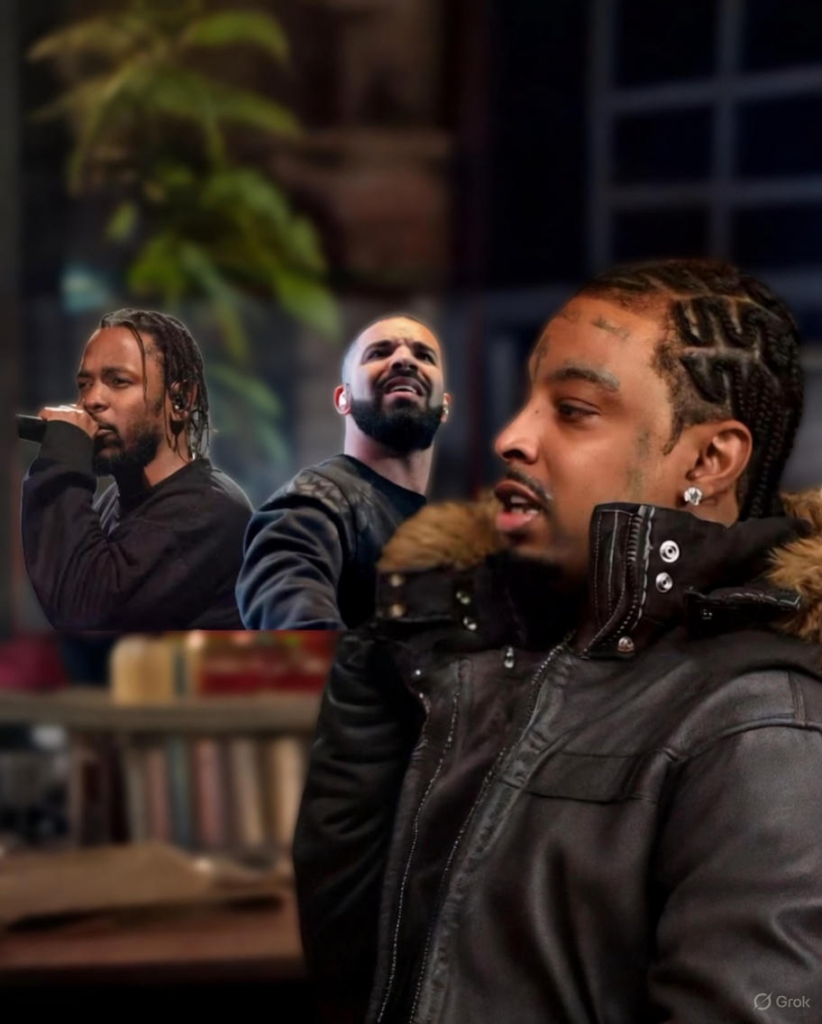 21 SavageがDrakeとKendrick Lamarのビーフについて語る構図を象徴したビジュアル