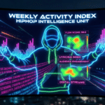 2025年11月第4週の日本語ラップシーンのトレンドデータを可視化したHIPHOPCs Intelligence Unitによるキービジュアル。Spotify・Apple Music・TikTok・YouTube・Shazamなど主要プラットフォームの相関と、日本語ラッパーのシルエットを組み合わせた分析レポート用アイキャッチ画像。