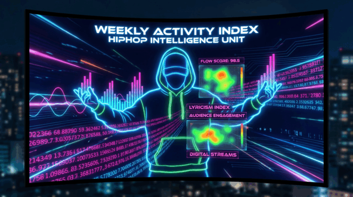 2025年11月第4週の日本語ラップシーンのトレンドデータを可視化したHIPHOPCs Intelligence Unitによるキービジュアル。Spotify・Apple Music・TikTok・YouTube・Shazamなど主要プラットフォームの相関と、日本語ラッパーのシルエットを組み合わせた分析レポート用アイキャッチ画像。