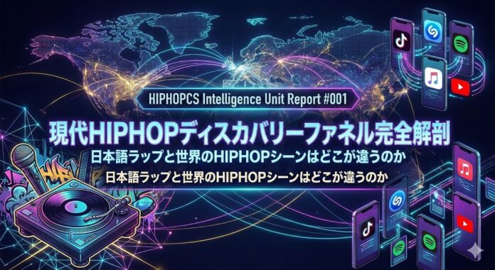 TikTokからShazam、SpotifyとApple Music、YouTube、ライブまで続く現代HIPHOPディスカバリーファネルと、日本語ラップとグローバルHIPHOPの違いを重ねて表現したコンセプトビジュアル