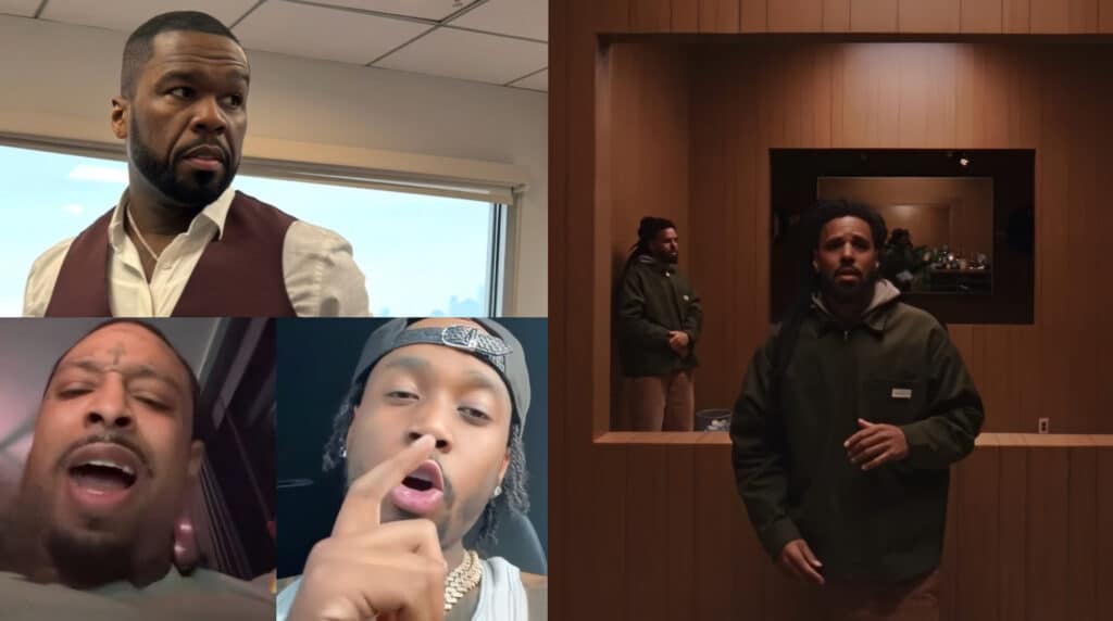 J. Cole（@realcoleworld）、50 Cent（@50Cent）、21 Savage（@21savage）が並ぶ集合ビジュアル（2026年1月のヒップホップニュース）
