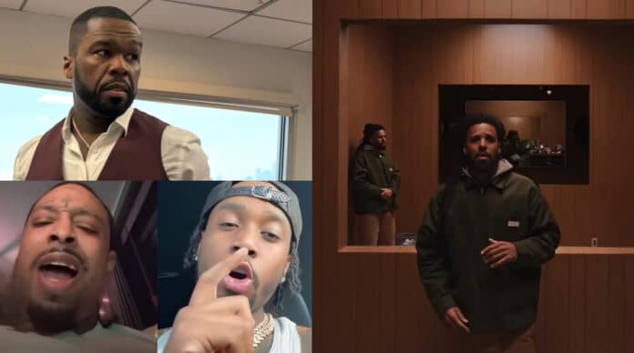 J. Cole（@realcoleworld）、50 Cent（@50Cent）、21 Savage（@21savage）が並ぶ集合ビジュアル（2026年1月のヒップホップニュース）