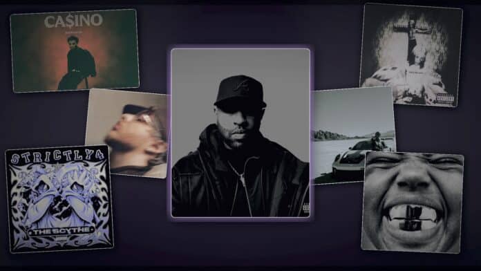 2026年春リリース予定のヒップホップ注目アルバム7枚のジャケットを並べたアイキャッチ画像 – 中央にMike WiLL Made-It R3SET、周囲にBaby Keem CA$INO、Jack Harlow MONICA、Denzel Curry STRICTLY 4 THE SCYTHE、Nettspend EARLY LIFE CRISIS、Lil Tjay They Just Ain't You、Ye Bully