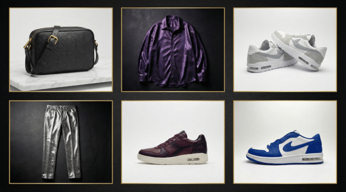 デムナ初のグッチFW26を象徴するバッグ、衣装、スニーカーのコラージュ