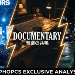 A cinematic collage image divided by golden lightning bolts showing a chronological timeline from left to right: Koshy stage at POP YOURS DAY 1, Yuki Chiba headliner stage at DAY 2, leading to the April 25th release of 'Documentary'. HIPHOPCS EXCLUSIVE ANALYSIS