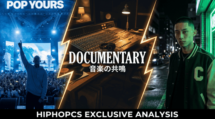 A cinematic collage image divided by golden lightning bolts showing a chronological timeline from left to right: Koshy stage at POP YOURS DAY 1, Yuki Chiba headliner stage at DAY 2, leading to the April 25th release of 'Documentary'. HIPHOPCS EXCLUSIVE ANALYSIS