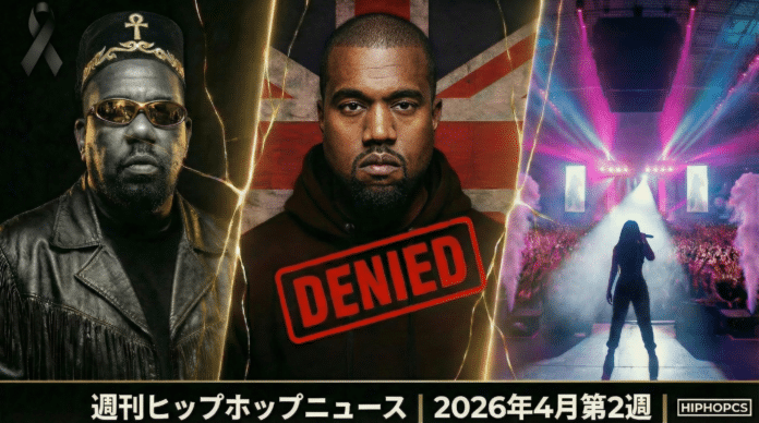 Afrika Bambaataaの追悼、Kanye WestのUK入国拒否、POP YOURS 2026の熱狂を示す3分割のコラージュ画像。週刊ヒップホップニュース 2026年4月第2週 HIPHOPCS