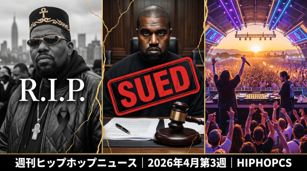 Afrika Bambaataaの追悼（モノクロ＋R.I.P.）、Kanye Westの暴行訴訟（法廷背景＋SUED赤スタンプ）、Creepy NutsのCoachella 2026パフォーマンス（ネオン＋大観衆）を金色の亀裂線で分断した3パネルコラージュ。週刊ヒップホップニュース 2026年4月第3週 HIPHOPCS