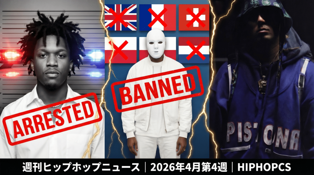 D4vdの逮捕（マグショットとパトライト）、Kanye Westのヨーロッパツアー崩壊（白マスクと各国の国旗にXマーク）、SEEDAのPOP YOURS批判（フェスステージと抗議するラッパー）を金色の亀裂線で分断した3パネルコラージュ。週刊ヒップホップニュース 2026年4月第4週 HIPHOPCS