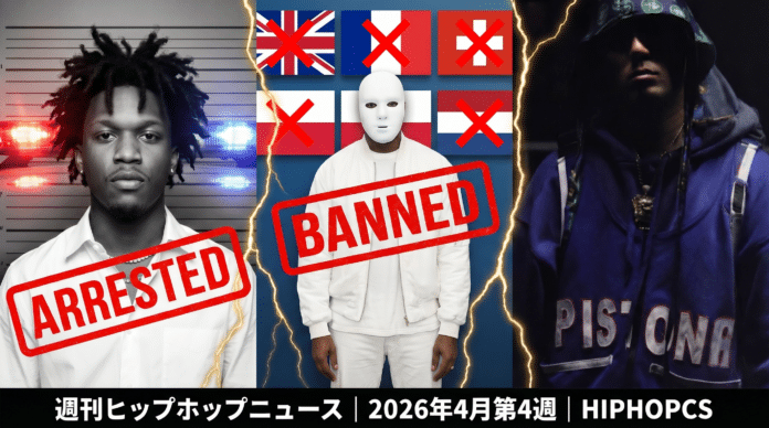 D4vdの逮捕（マグショットとパトライト）、Kanye Westのヨーロッパツアー崩壊（白マスクと各国の国旗にXマーク）、SEEDAのPOP YOURS批判（フェスステージと抗議するラッパー）を金色の亀裂線で分断した3パネルコラージュ。週刊ヒップホップニュース 2026年4月第4週 HIPHOPCS