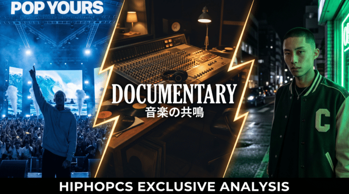 左からPOP YOURS DAY 1のKoshyステージ、DAY 2の千葉雄喜ヘッドライナーステージ、そして4月25日の『Documentary』リリースへと至る時系列を金色の稲妻で区切ったシネマティックなコラージュ画像。HIPHOPCS EXCLUSIVE ANALYSIS