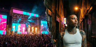 POP YOURS 2026とItaqの違和感──「HIPHOP YOURS」から続く、外側からの声を読み解く 左側にPOP YOURSを想起させる巨大フェスステージと熱狂する観客、右側に路地裏でフェスに背を向けて立つタトゥーの入った若いラッパーEric.B.Jr.が描かれ、中央の亀裂がヒップホップ文化の内側と外側の分断を象徴するイメージ画像