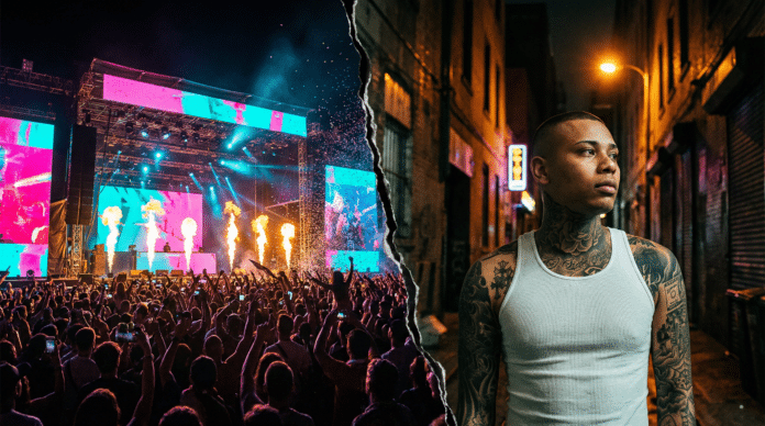 左側にPOP YOURSを想起させる巨大フェスステージと熱狂する観客、右側に路地裏でフェスに背を向けて立つタトゥーの入った若いラッパーEric.B.Jr.が描かれ、中央の亀裂がヒップホップ文化の内側と外側の分断を象徴するイメージ画像