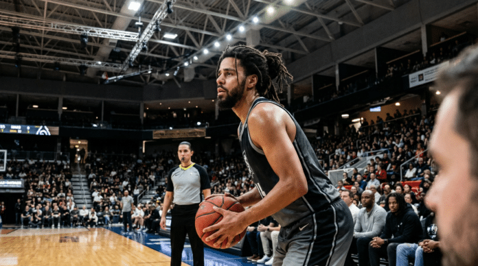 CBA南京Monkey Kingsの緑のユニフォームを着たJ. Cole（41歳）が、中国バスケットボールアリーナのセンターコートに立つ姿。足元は自作シューズIndie 5000。CBAデビュー戦(2026年4月11日対広州Loong Lions)を象徴する一枚