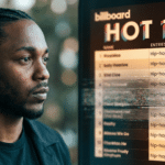 Kendrick Lamarが横顔でBillboard Hot 100チャートを見つめる中、チャート上のヒップホップ項目がグリッチエフェクトで消失していく様子を捉えたエディトリアル写真