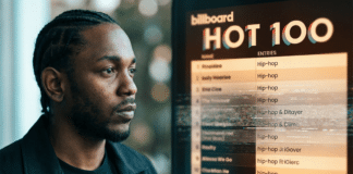 Kendrick Lamarが悪いのか──ヒップホップがHot 100から消えた本当の理由 Kendrick Lamarが横顔でBillboard Hot 100チャートを見つめる中、チャート上のヒップホップ項目がグリッチエフェクトで消失していく様子を捉えたエディトリアル写真