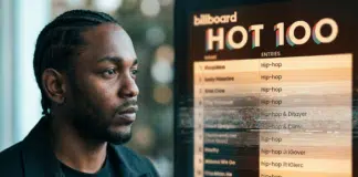 Kendrick Lamarが悪いのか──ヒップホップがHot 100から消えた本当の理由 Kendrick Lamarが横顔でBillboard Hot 100チャートを見つめる中、チャート上のヒップホップ項目がグリッチエフェクトで消失していく様子を捉えたエディトリアル写真