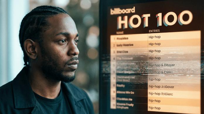 Kendrick Lamarが横顔でBillboard Hot 100チャートを見つめる中、チャート上のヒップホップ項目がグリッチエフェクトで消失していく様子を捉えたエディトリアル写真