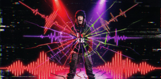 日本のスーパートラップ5選──いま”壊れた音”が鳴っている日本語ラップの最前線 叫ぶラッパーを中心に、グリッチノイズと歪んだ音波、割れたガラスが放射状に広がる──"壊れた音が快感になる"スーパートラップを象徴するビジュアル