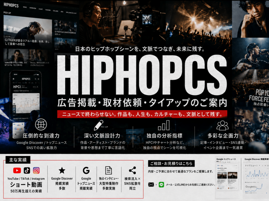 HIPHOPCsの広告掲載・取材依頼・タイアップ企画案内。ヒップホップの特集