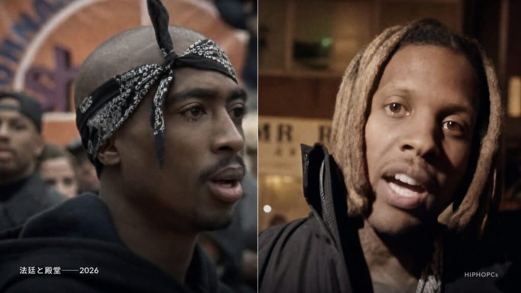 バンダナ姿の2Pac（左）とブロンドのドレッドヘアのLil Durk（右）を左右に並べた比較画像。2026年後半に重なるTupac没後30年とLil Durk連邦裁判を象徴するHIPHOPCsのアイキャッチ