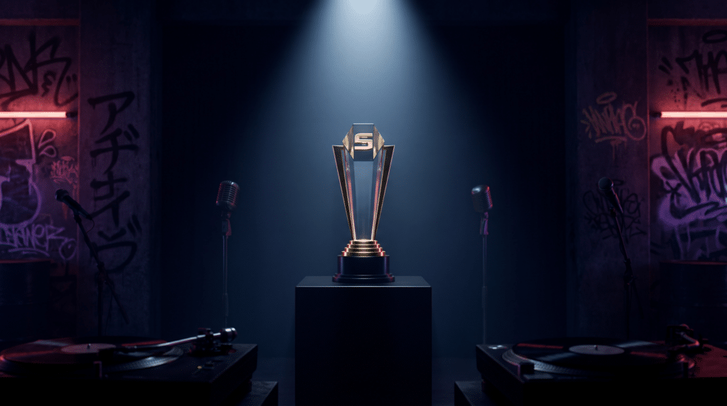 トロフィー、マイク、ターンテーブル、グラフィティを配置し、MUSIC AWARDS JAPAN 2026における日本語ラップと賞制度の距離感を象徴したアイキャッチ画像