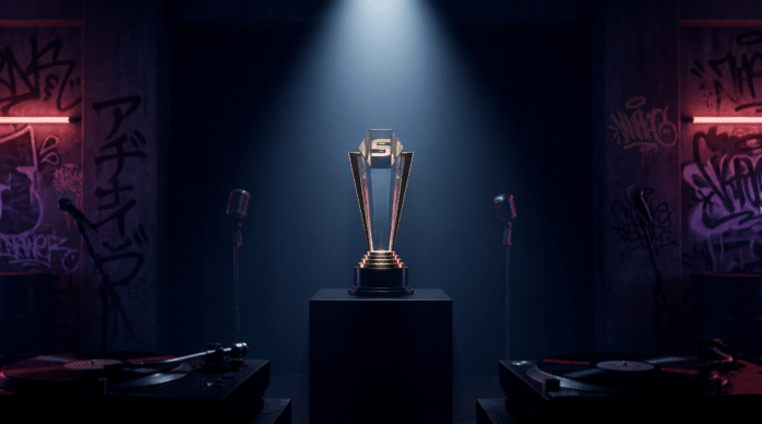 トロフィー、マイク、ターンテーブル、グラフィティを配置し、MUSIC AWARDS JAPAN 2026における日本語ラップと賞制度の距離感を象徴したアイキャッチ画像