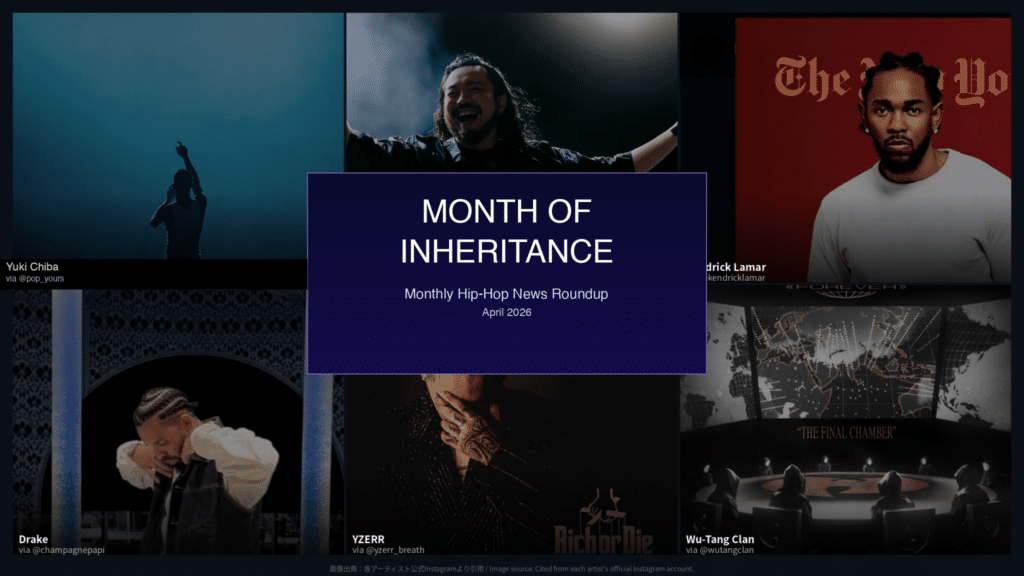 Six-panel grid: Yuki Chiba, Creepy Nuts, Kendrick Lamar, Drake, YZERR, Wu-Tang Clan. Center panel: 'MONTH OF INHERITANCE — Monthly Hip-Hop News Roundup, April 2026.'