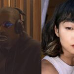 スタジオのマイクに向かうKanye West（Ye）と、モデルのJenn An（Jennifer An）