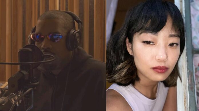 スタジオのマイクに向かうKanye West（Ye）と、モデルのJenn An（Jennifer An）