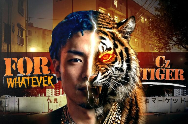 CzTIGERの2ndアルバム『FOR WHATEVER』アートワーク。顔の半分が虎になったビジュアル